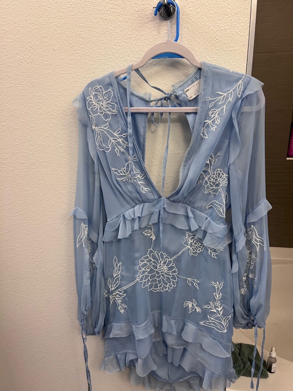 ASOS Pale Blue Sheer Floral Embroidered Ruffle Blouse